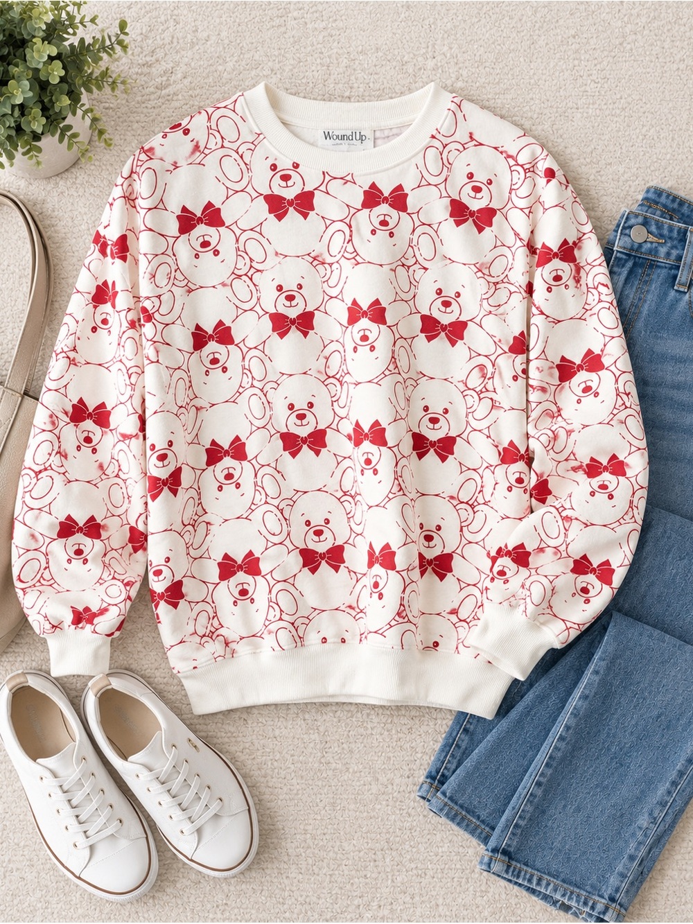 NWT Wound Up Large Teddy Bear Bow Print Crewneck Sweatshirt Red White